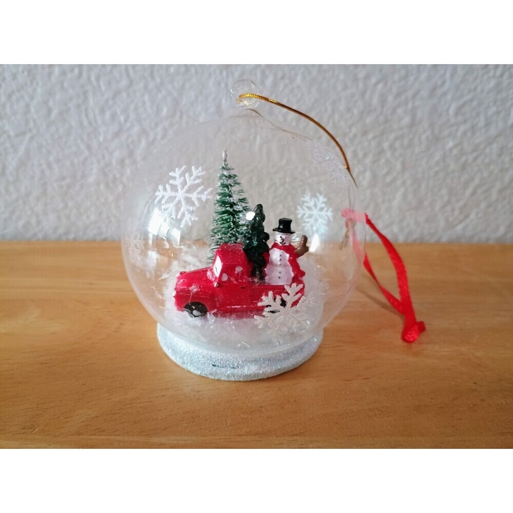 Glass Christmas Ornament Glitter Red Truck And Snow Man
